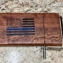 Thin Blue Line American flag cheese board with wire cutter — handcrafted by Two Mittens in Charlotte, NC
