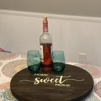 Home Sweet Home round serving tray in dark walnut — handcrafted wooden kitchen piece