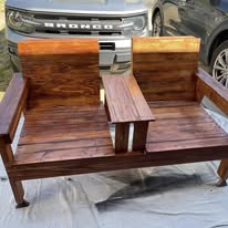 Double-seat outdoor wooden bench with built-in center table — custom furniture by Two Mittens
