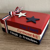 Patriotic decorative wooden book stack — Flip Flops, Fireworks, Flags & Freedom seasonal décor